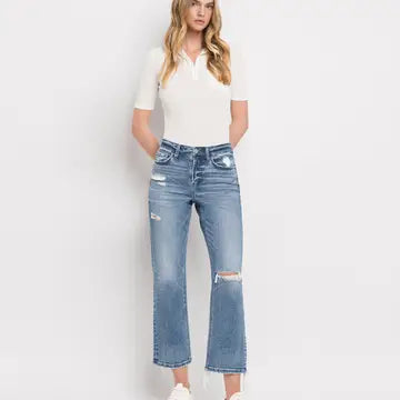 High Rise Distressed Hem Crop Straight Jeans