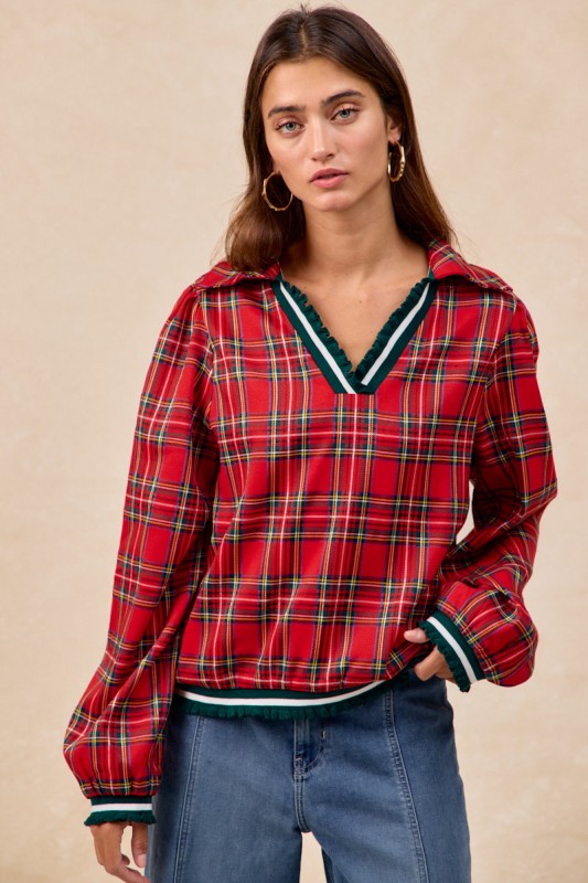 Christmas Plaid V Neck Collared Top with Ruffle - Red
