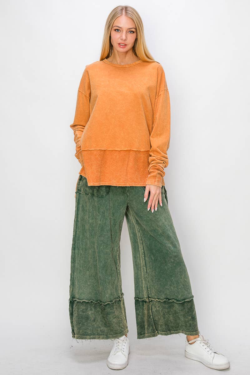 Mineral Wash Wide Pants with Raw Hem - Midnight Green