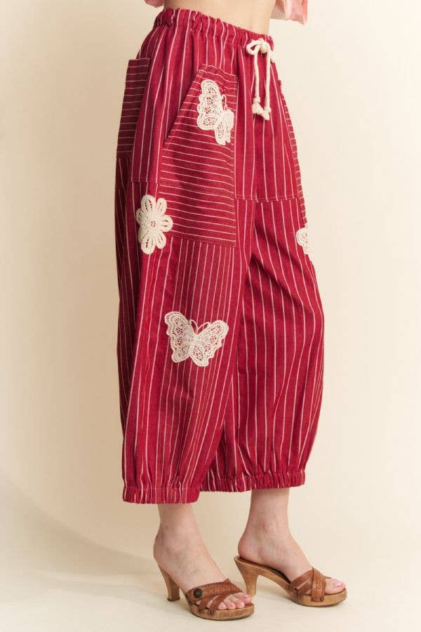 Lightweight Soft Denim Stripe Wide Barrel Pants - Red