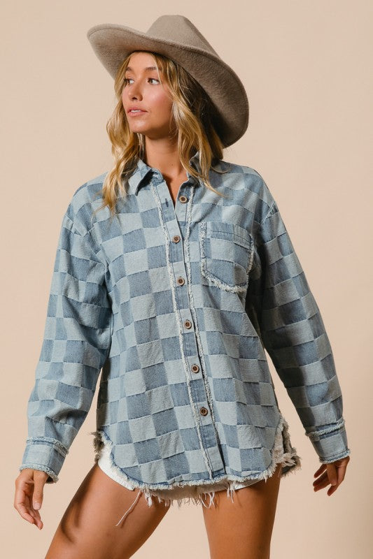 Frayed Edged Detail Washed Checker Denim Shirt