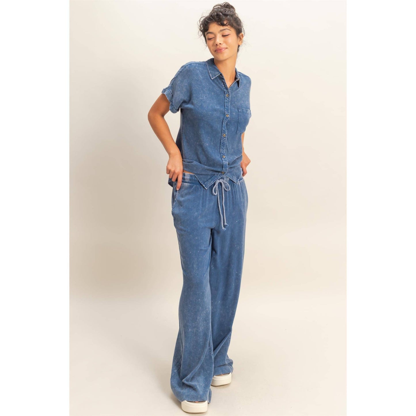 Mineral Wash Drawstring Wide Leg Pants