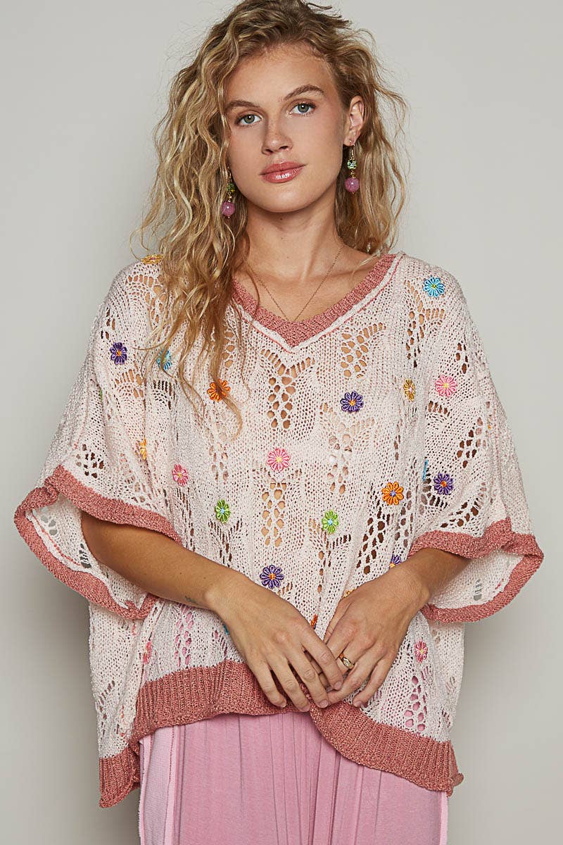 V-neck Sleeveless Flower Thin Sweater Top
