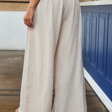 Wide Leg Solid Cotton Gauze Pants - Natural