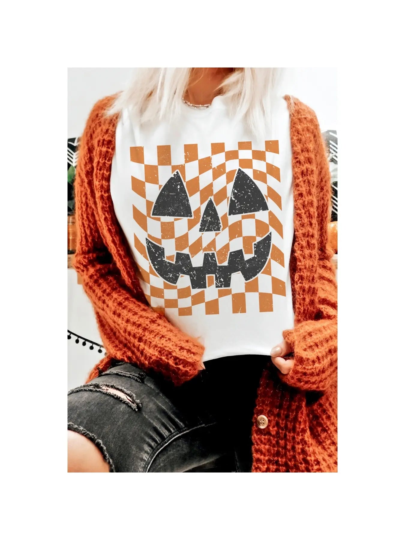 Checker Pumpkin Face Oversized Graphic Tee