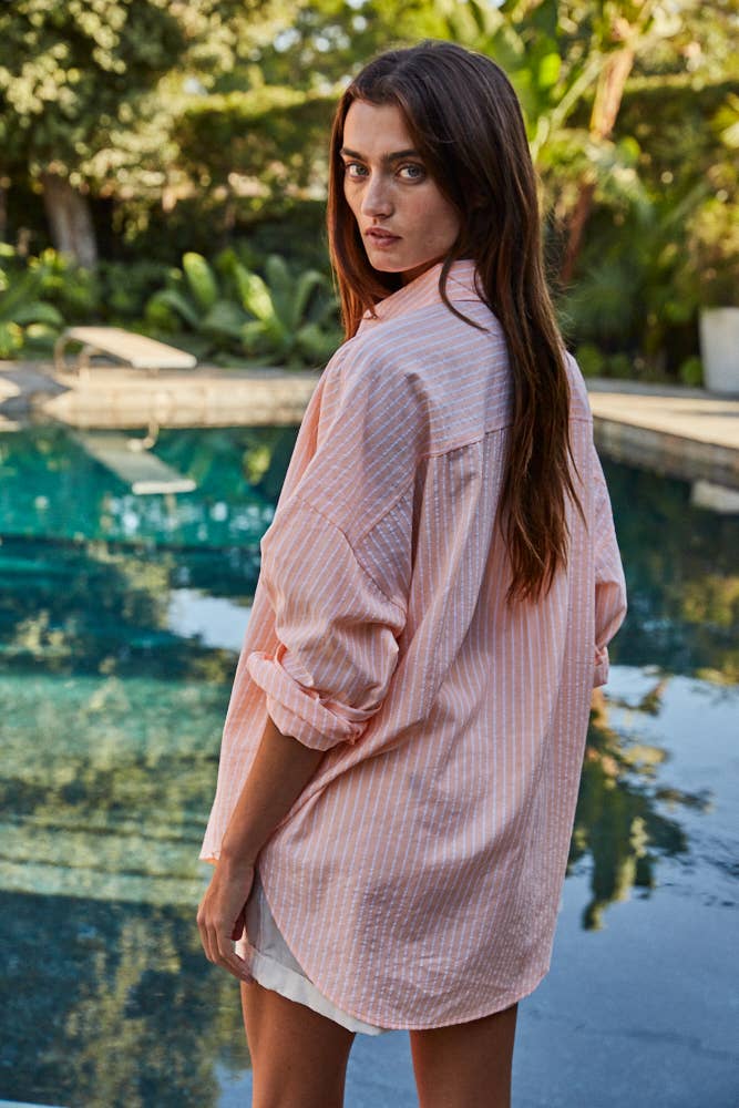 Woven Cotton Polyester Striped Button Down Shirt