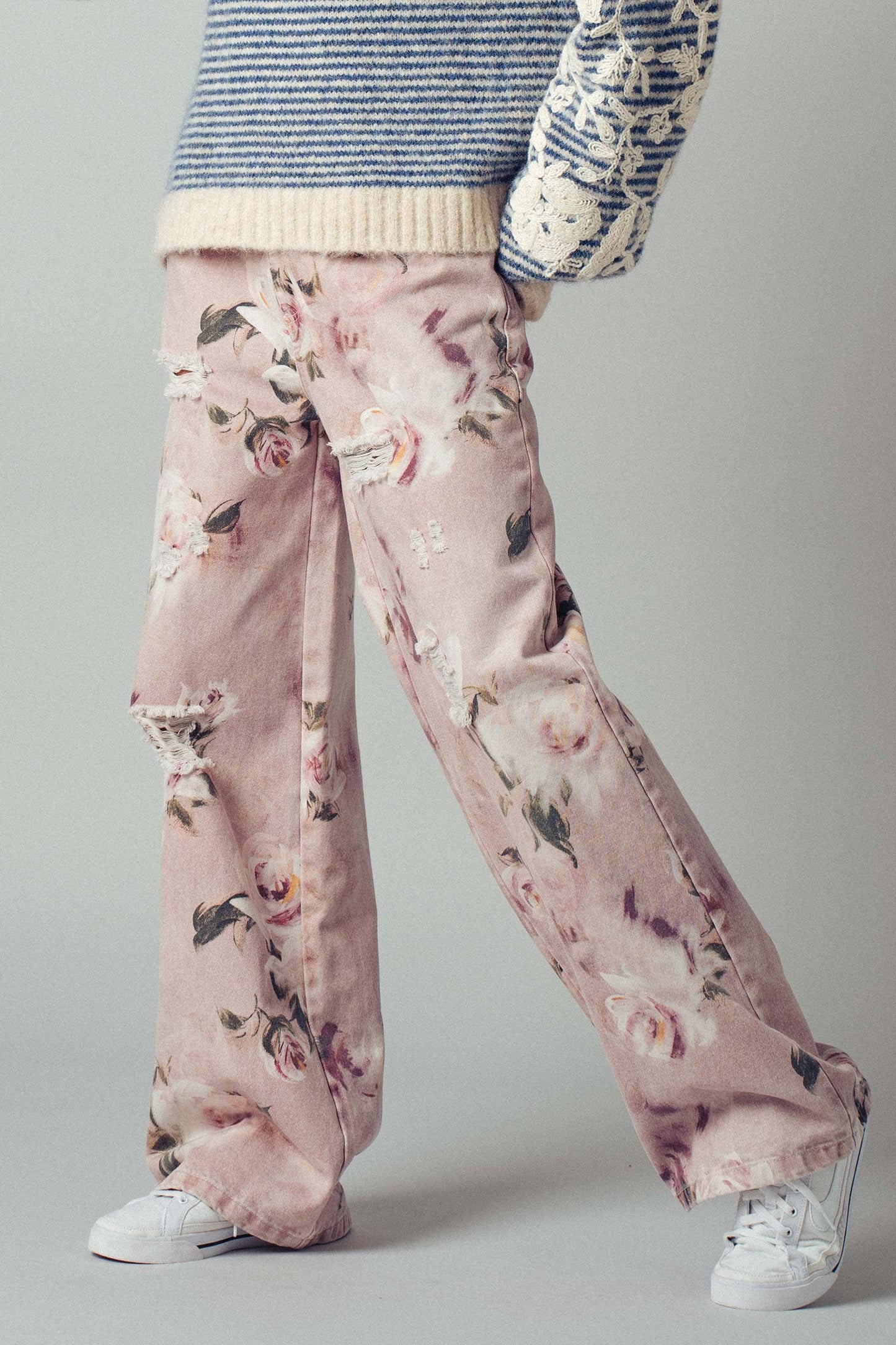 Romantic Rose Print High-Rise Denim Pants