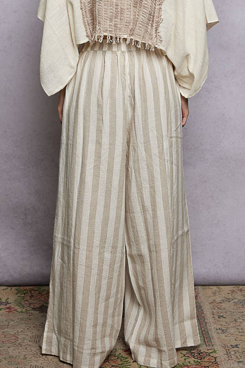 Stripe Pattern Elastic Waist Band Linen Woven Wide Pants