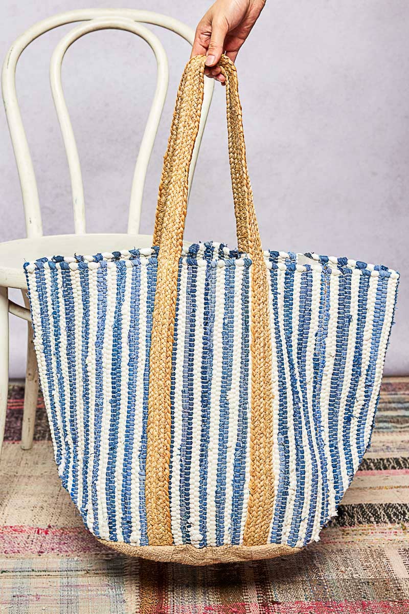 Cotton Weave Stripe Denim Tote Bag