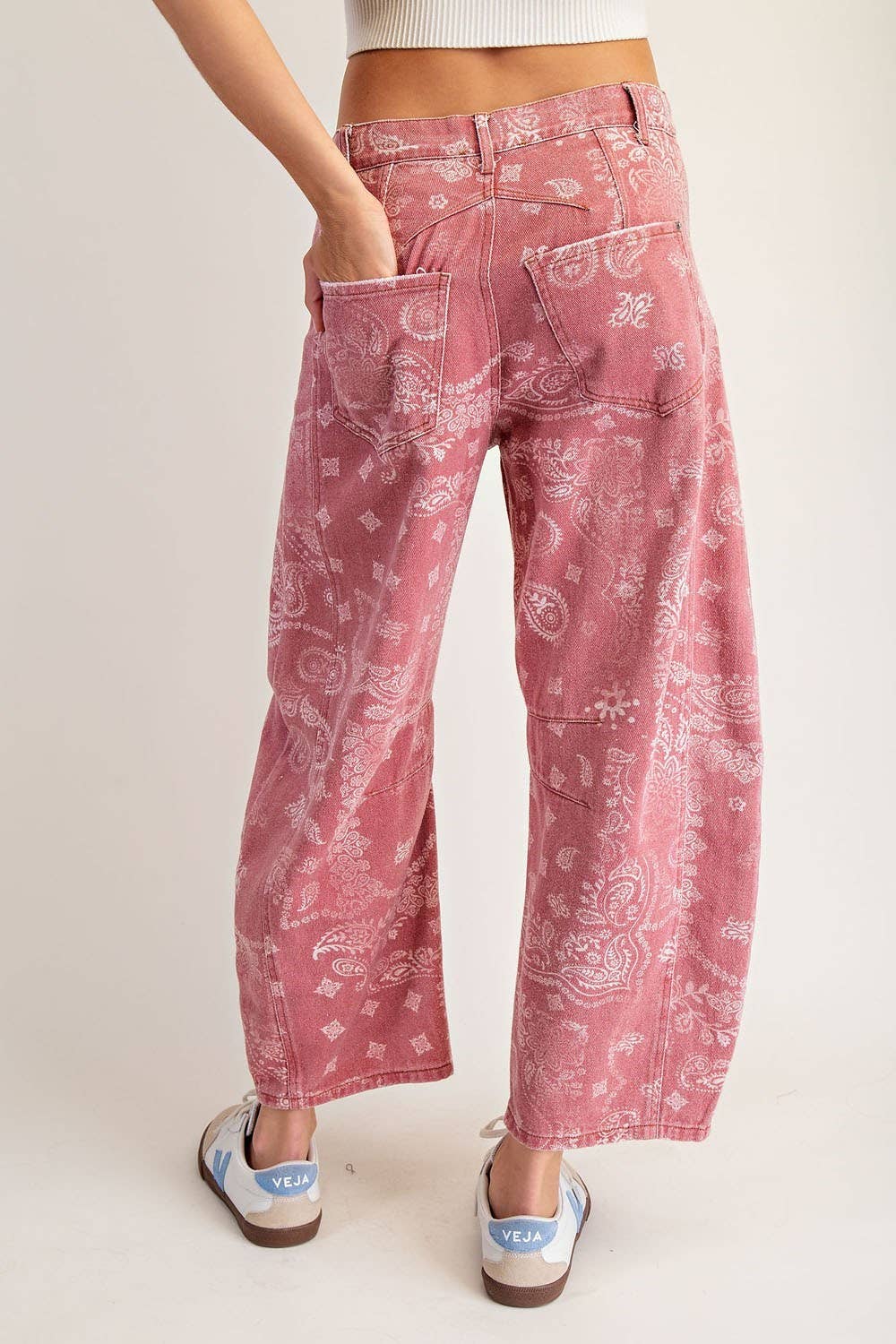 Mineral Washed Paisley Printed Barrel Jeans - Dusty Rose Bandana