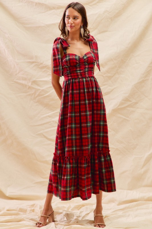 Christmas Check Plaid Woven Holiday Midi Dress