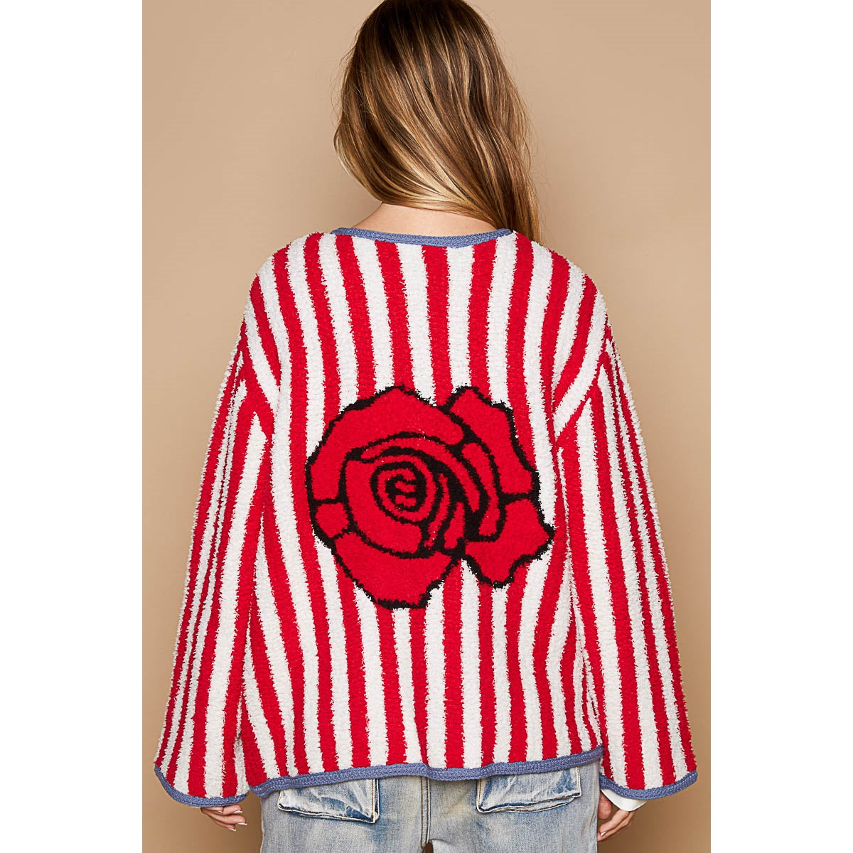 Rose Back Detail Stripe Open Cardigan