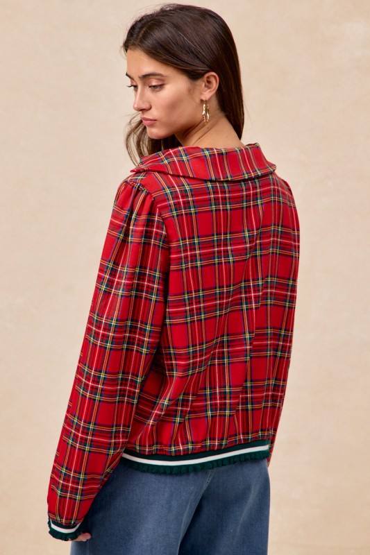 Christmas Plaid V Neck Collared Top with Ruffle - Red