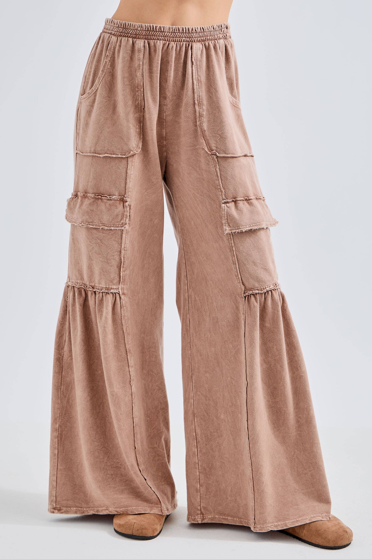 Mineral Washed Ruffle Cargo Flare Pants