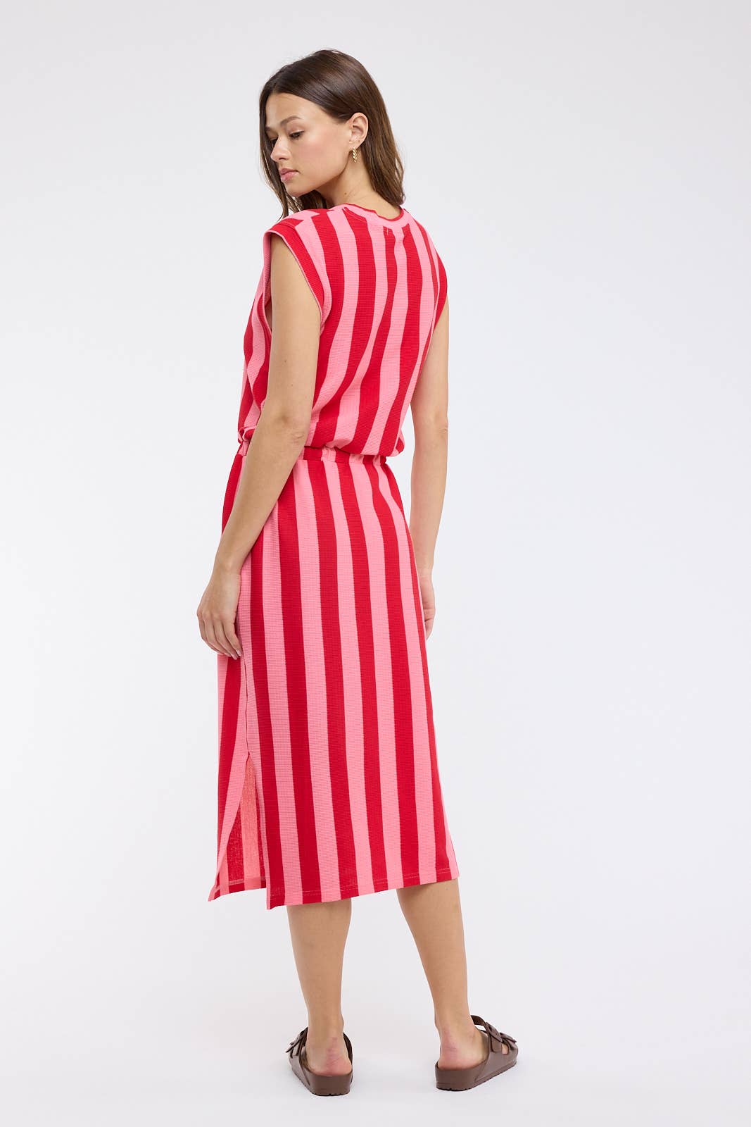 Striped Knit Midi Dress with Drawstring