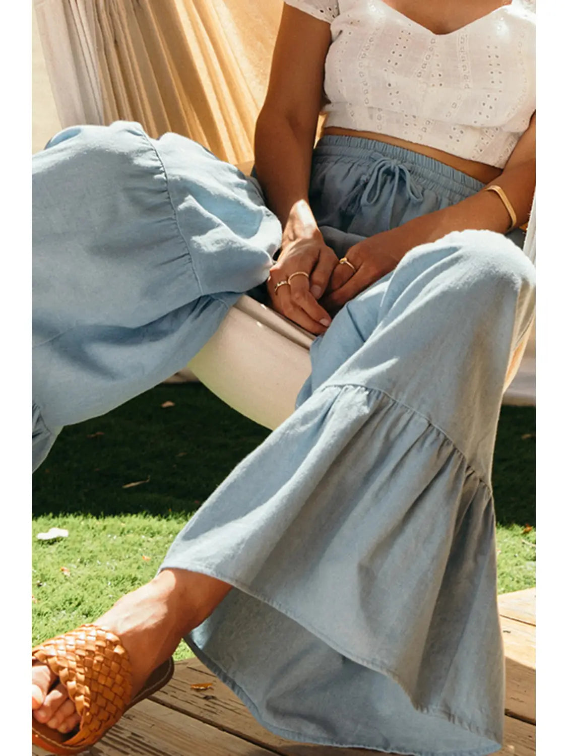 Drawstring Waist Chambray Tiered Wide Pants - Light Blue