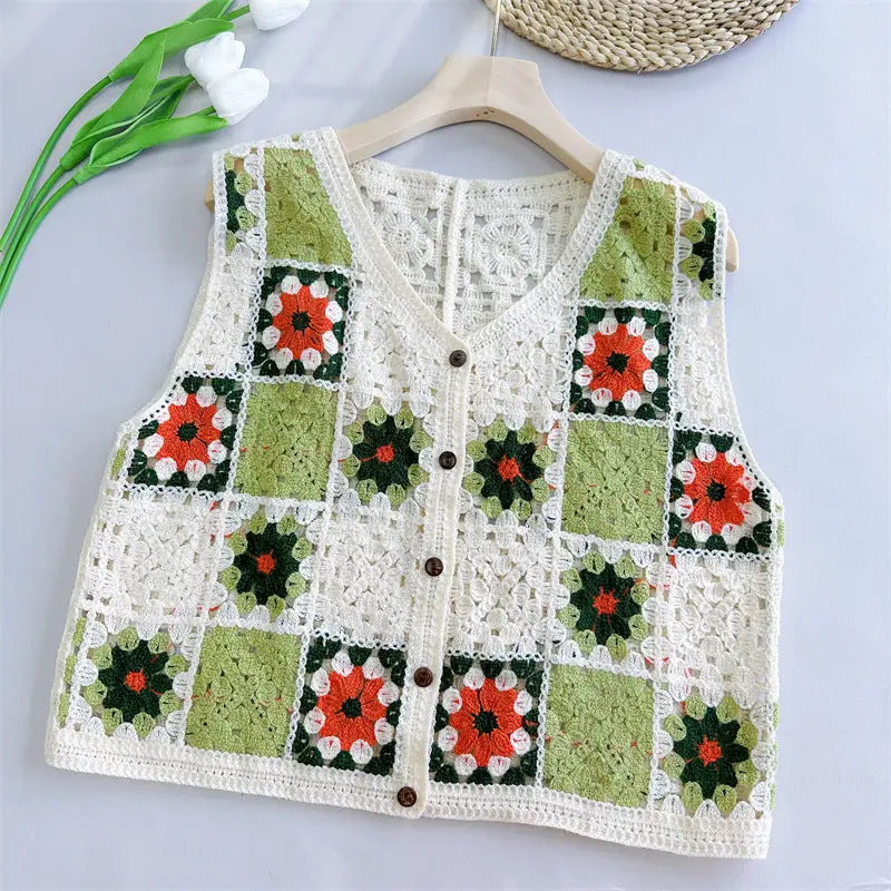 Crochet Hollow Out Loose Contrast Vest - Green