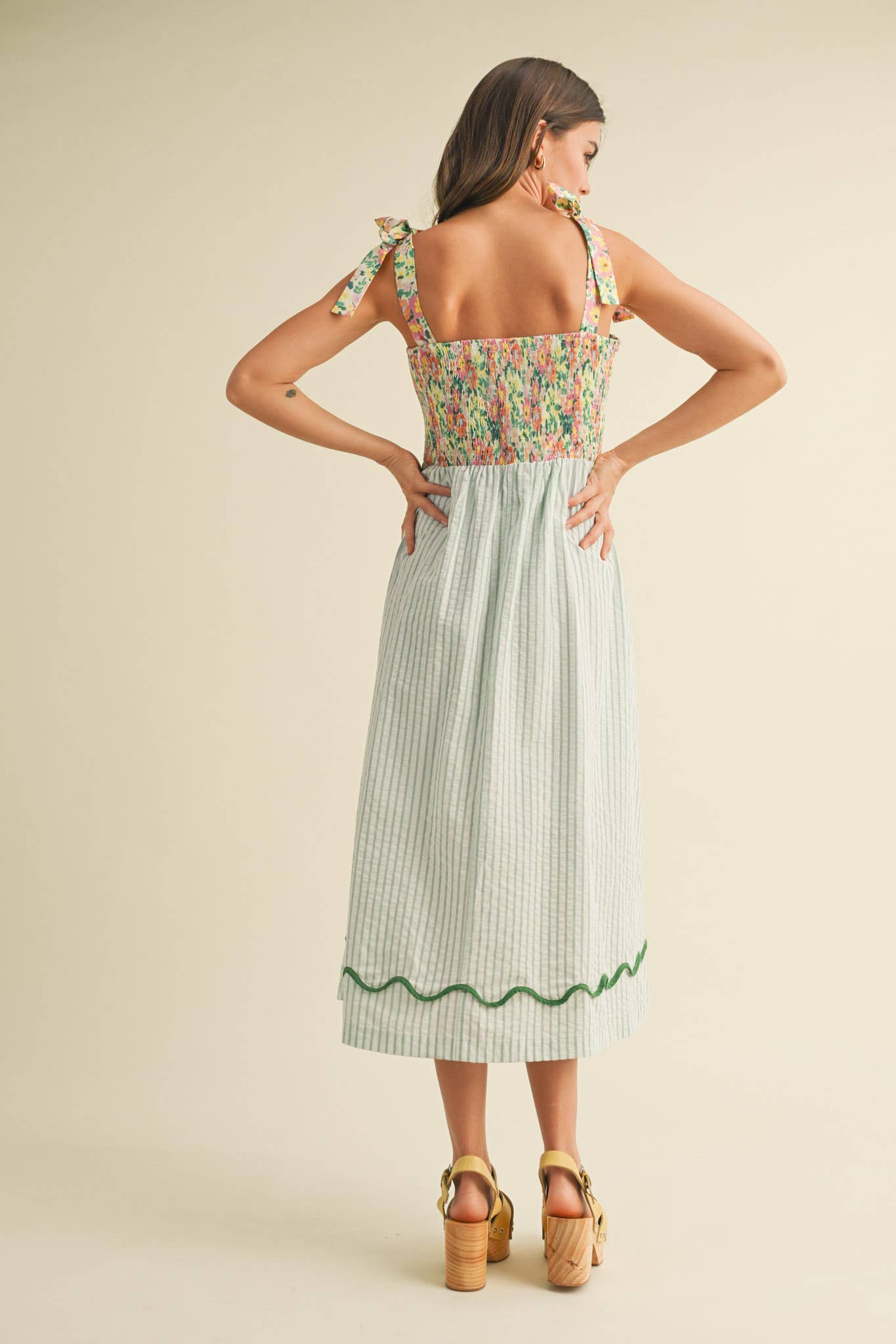 Scalloped Mixed Print Midi Dress