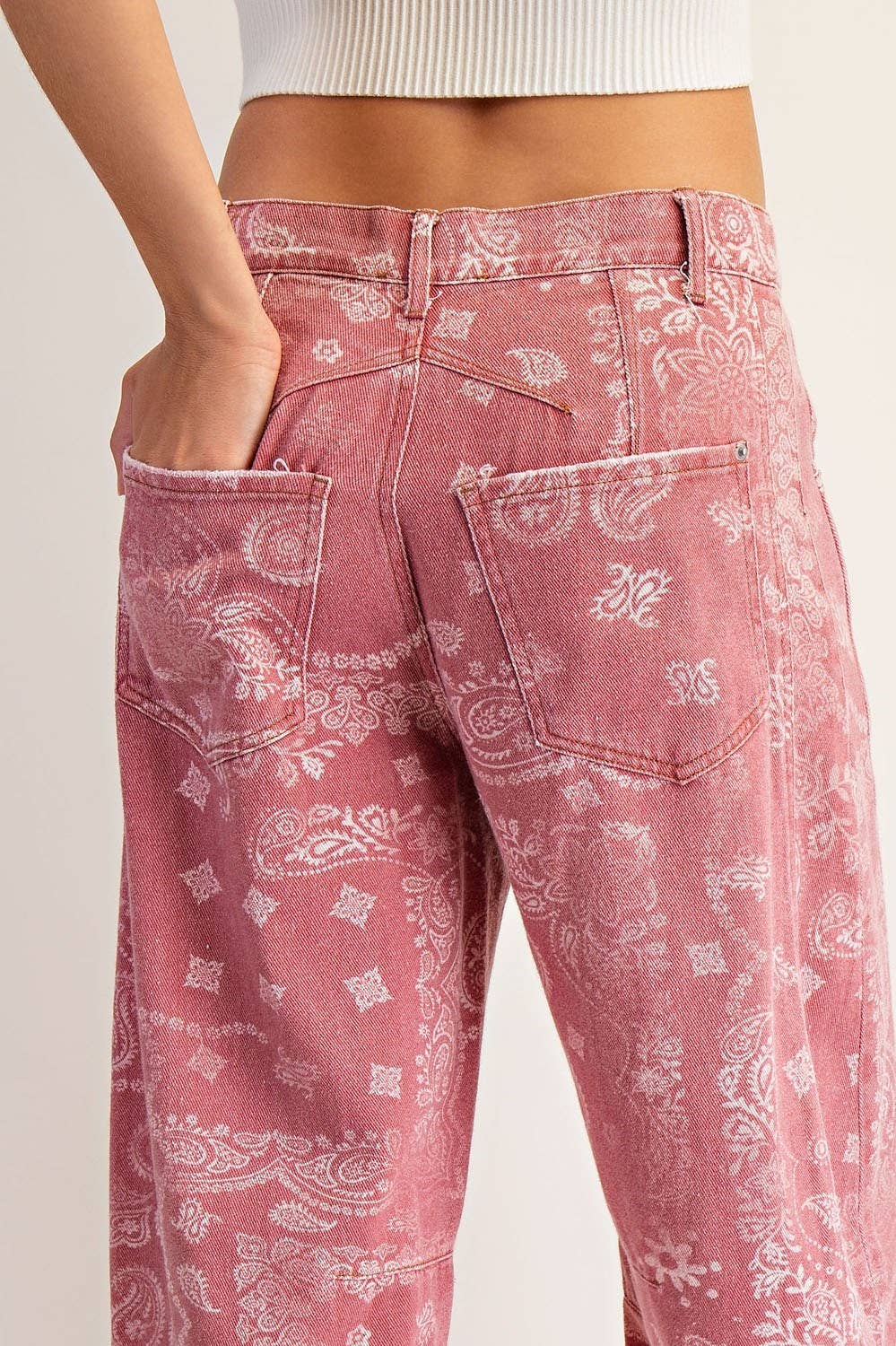 Mineral Washed Paisley Printed Barrel Jeans - Dusty Rose Bandana
