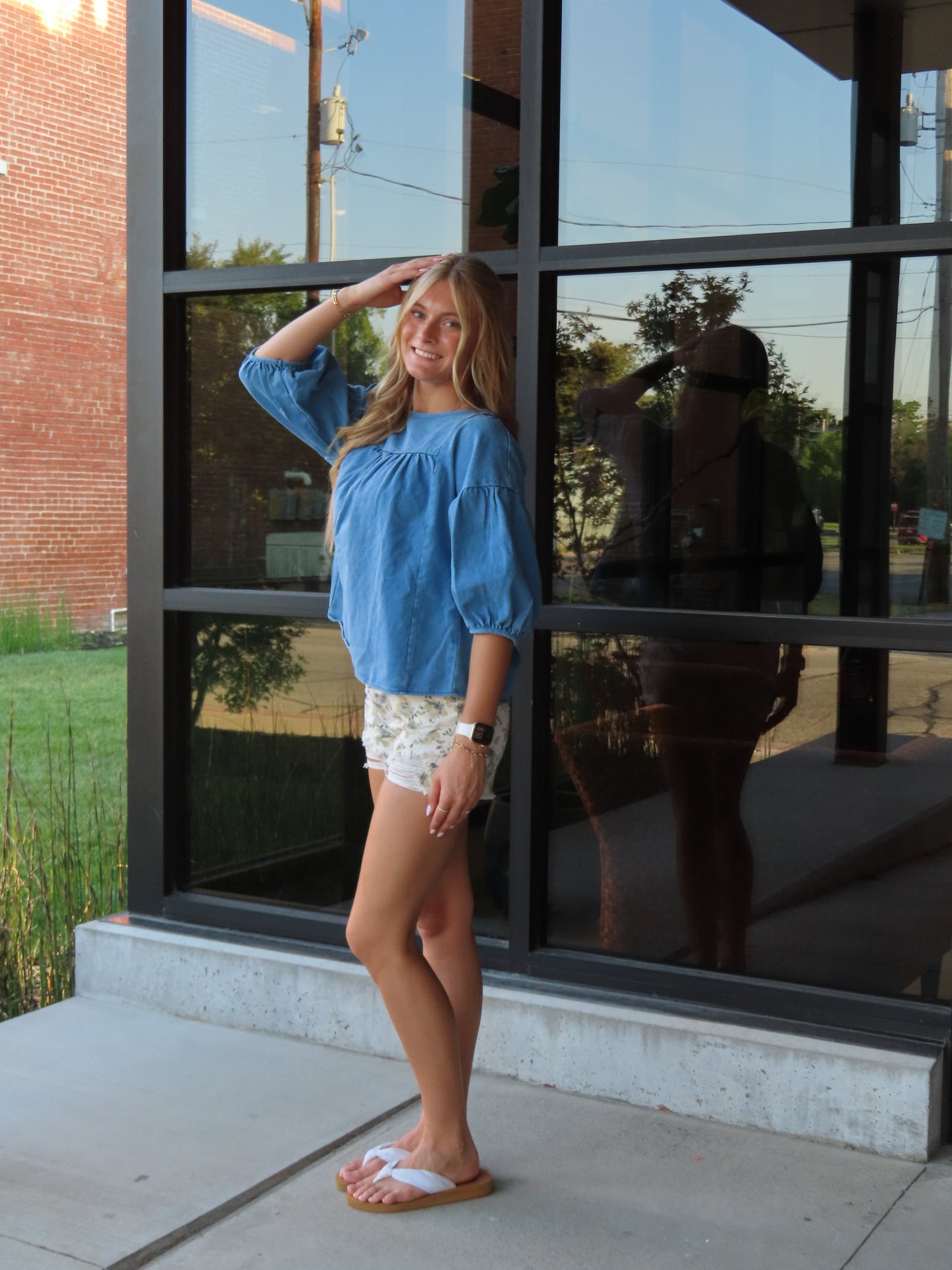 Blue Denim Solid Short Sleeve Top