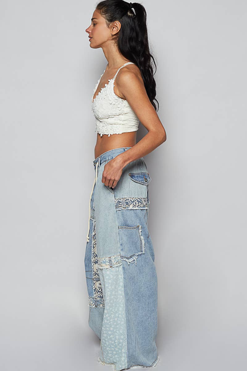 Lace Patch Contrast Denim Woven Pants