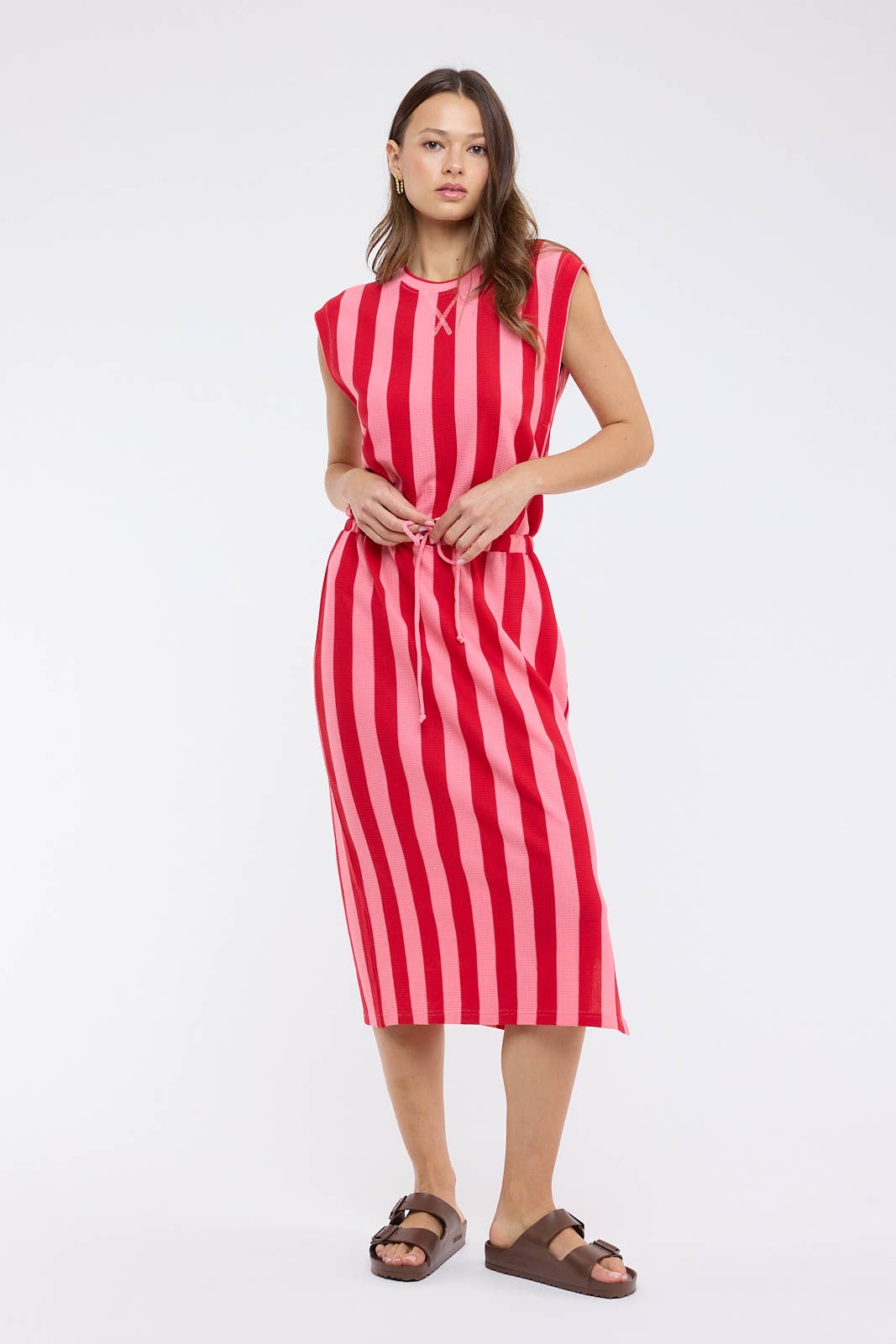 Striped Knit Midi Dress with Drawstring