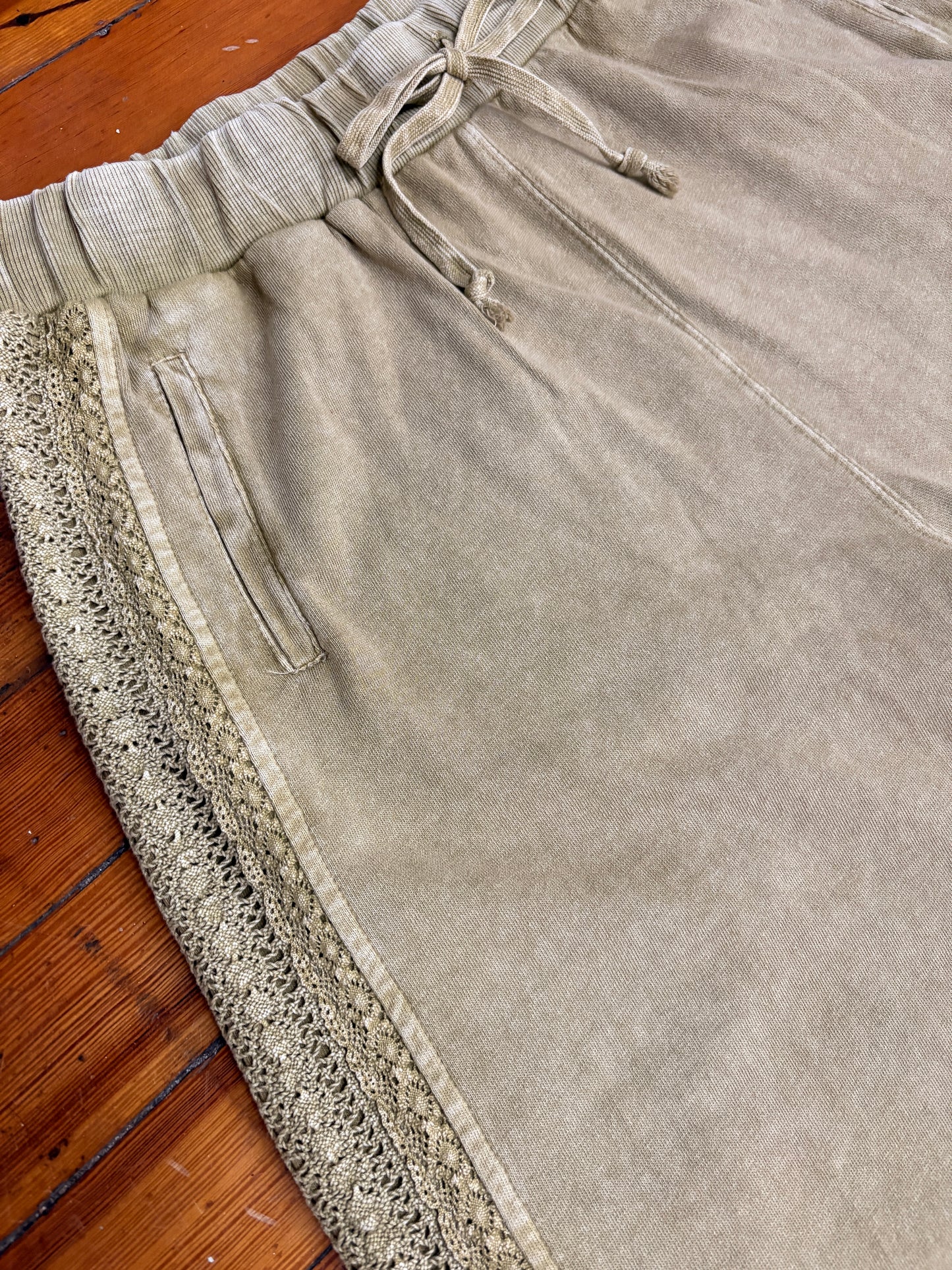 Crochet Lace Trim Mineral Washed Terry Knit Pants