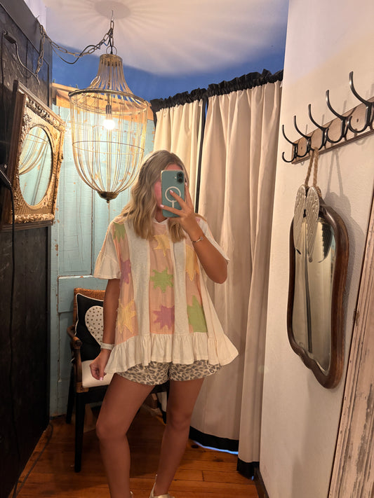 Star Patch Ruffled Babydoll Top - Ivory