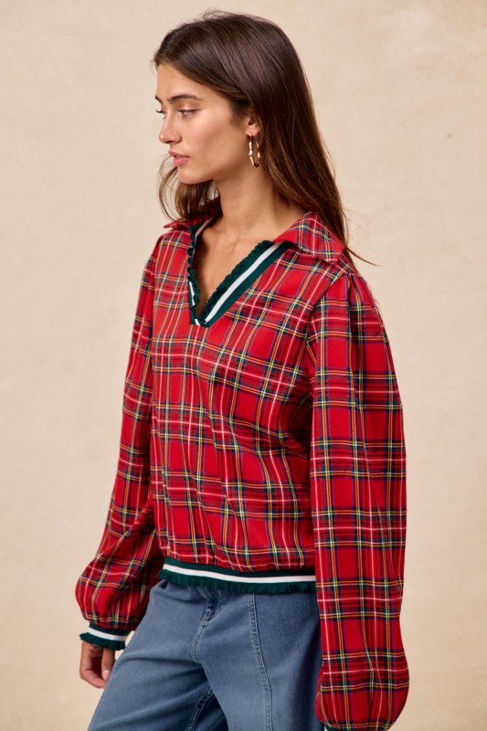 Christmas Plaid V Neck Collared Top with Ruffle - Red