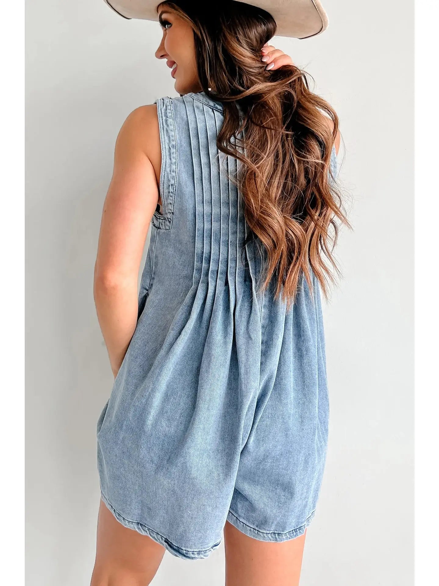 V-Neck Sleeveless Denim Romper - Light Blue