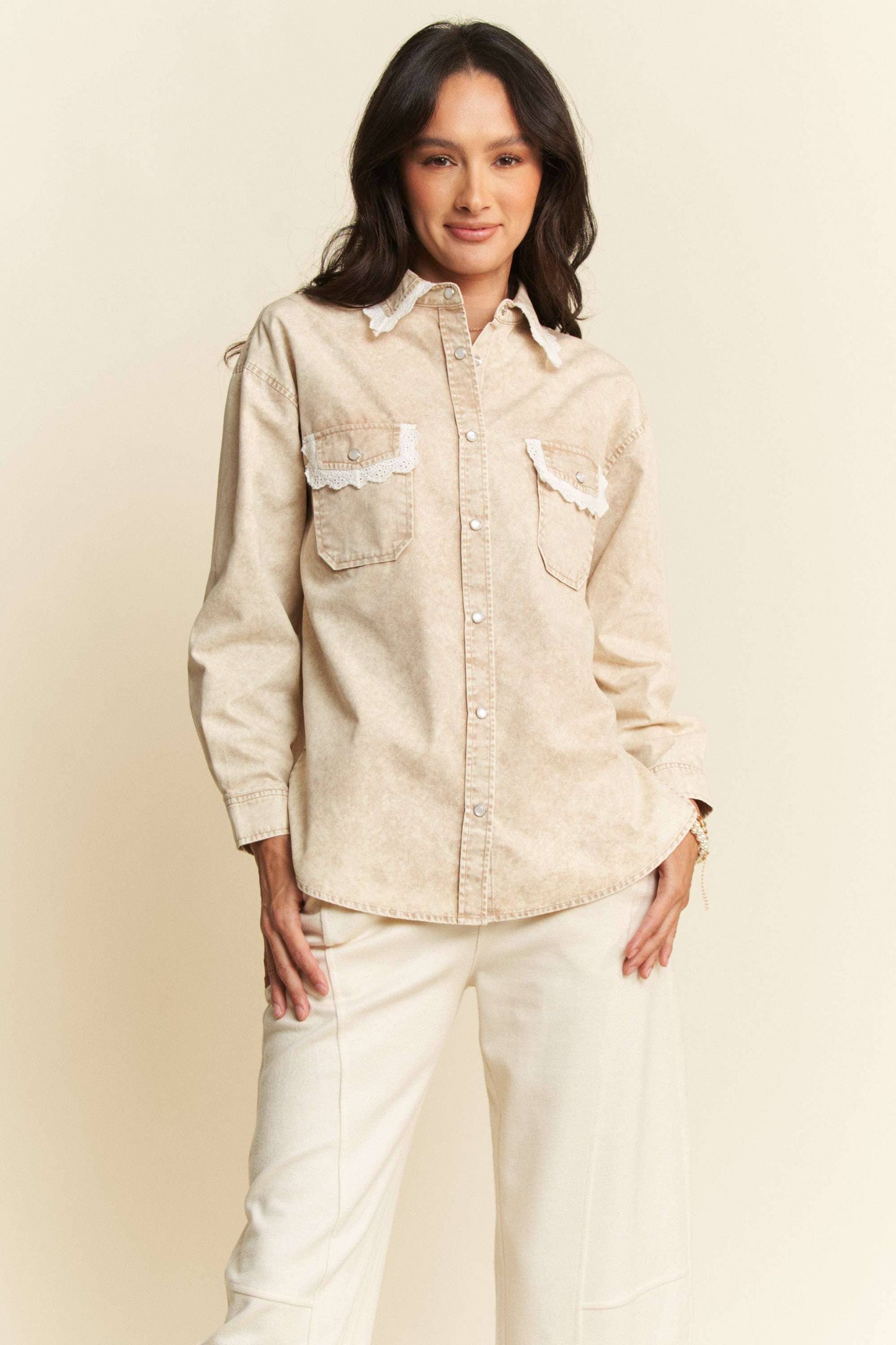 Lightweight Washed Lace Edge Waffle Knit Top - Beige