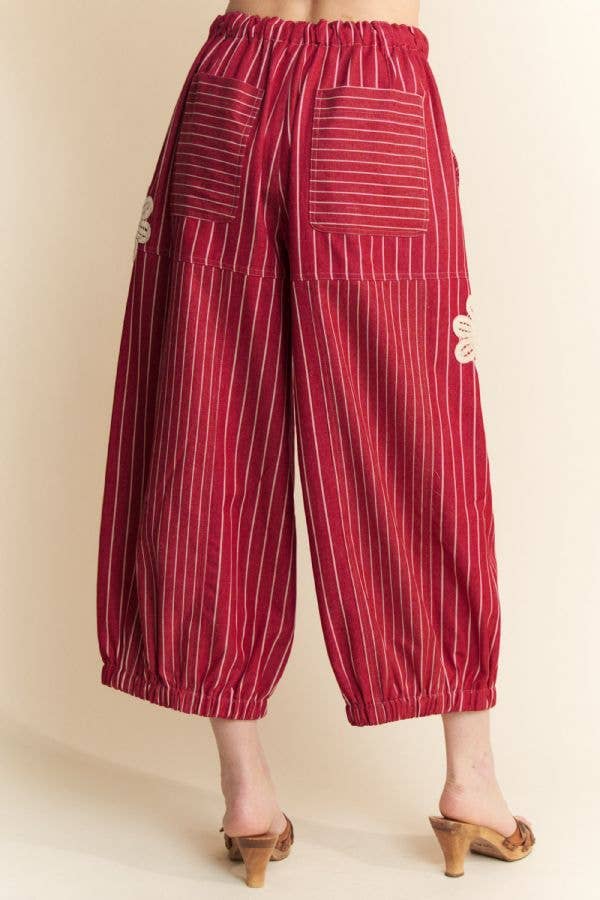 Lightweight Soft Denim Stripe Wide Barrel Pants - Red