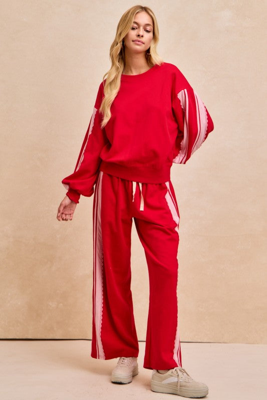 French Terry Side Contrast Lace Trim Top - Red