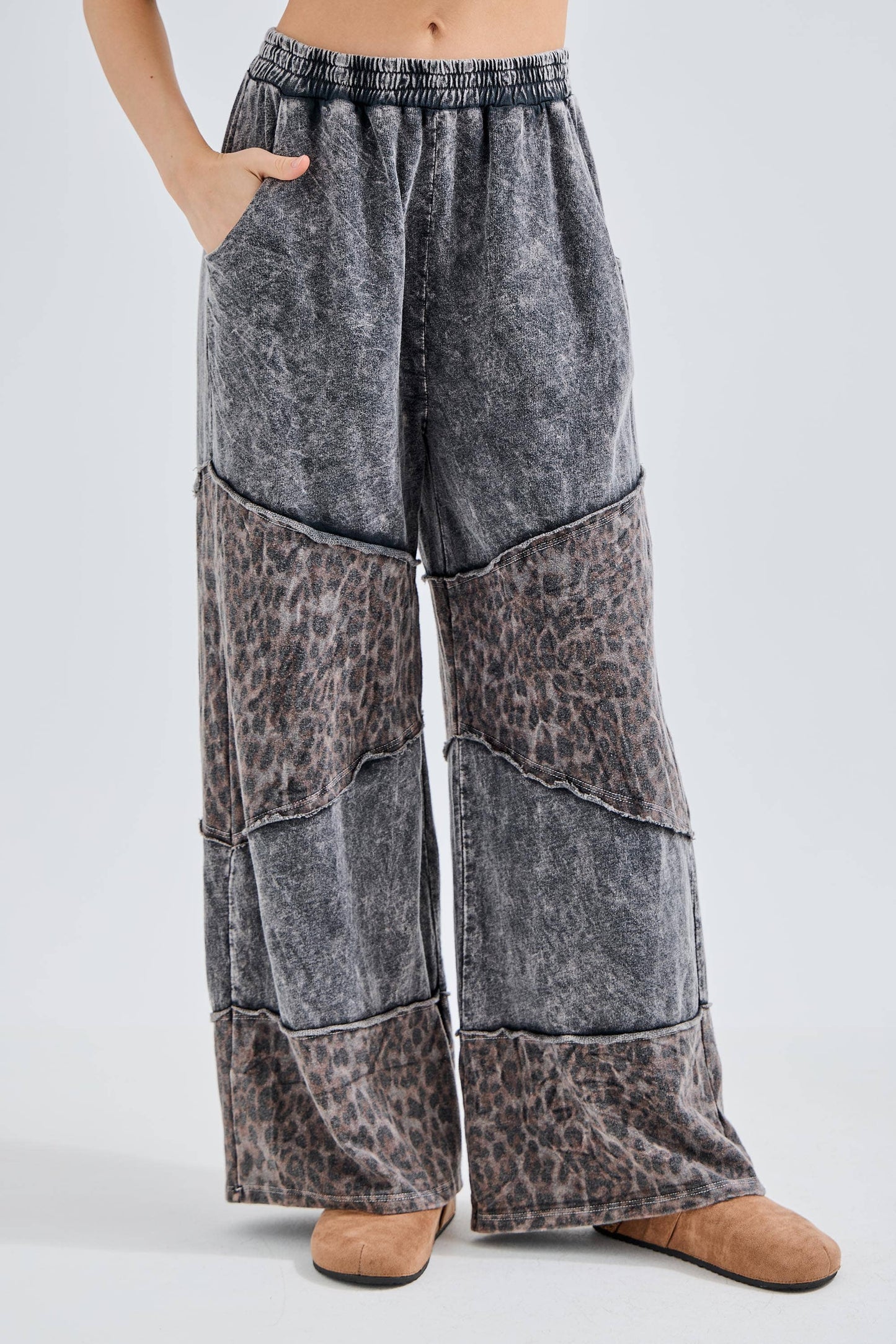 Mineral Washed Leopard Asymmetrical Tier Pants