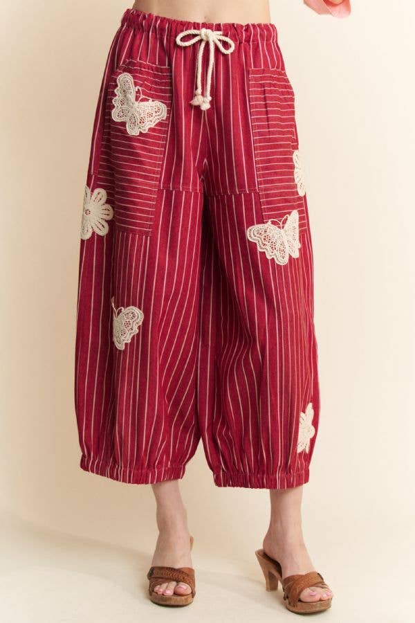 Lightweight Soft Denim Stripe Wide Barrel Pants - Red