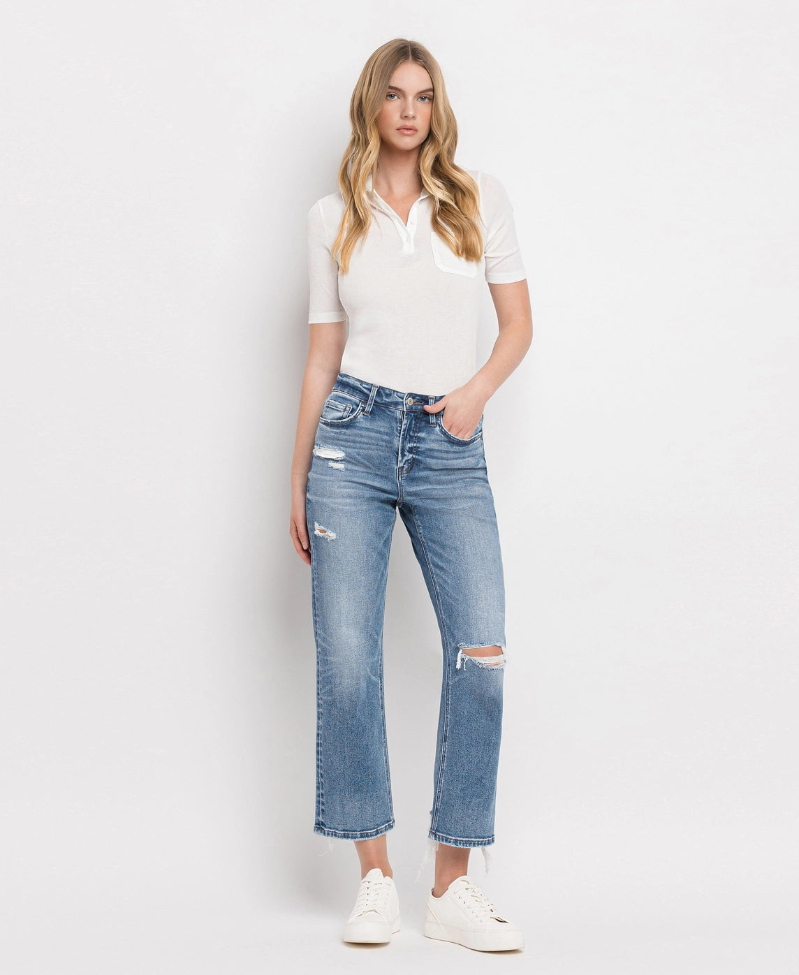 High Rise Distressed Hem Crop Straight Jeans