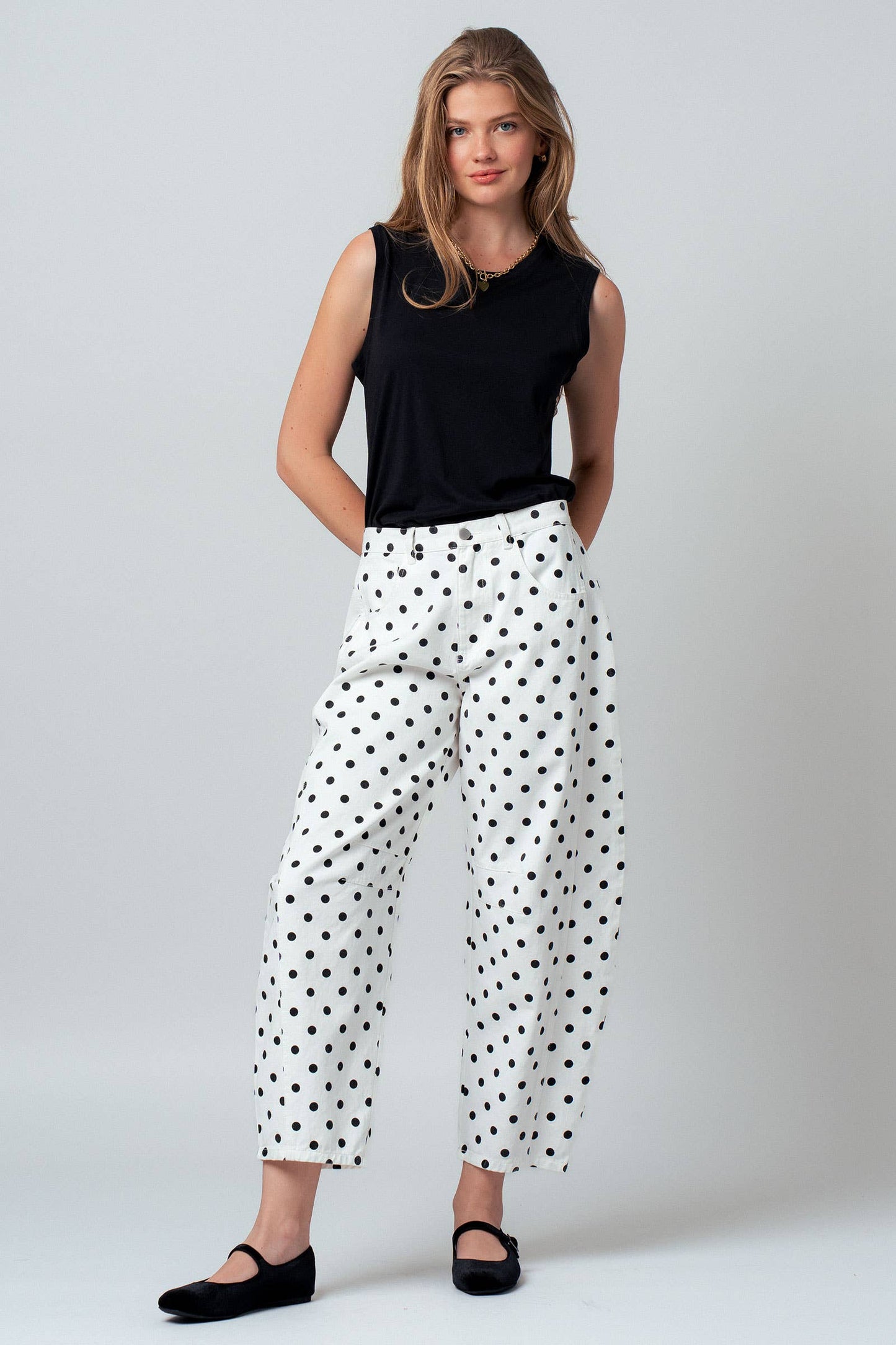Polka Dot Print Cotton Barrel Leg Jeans