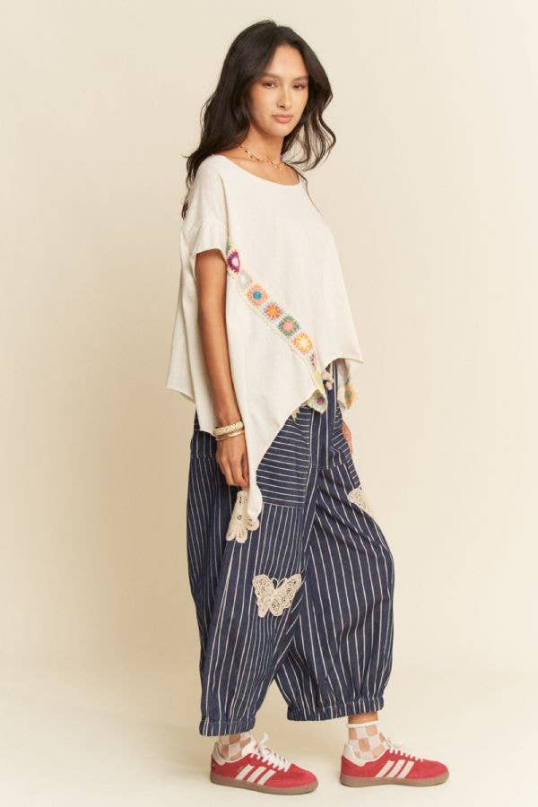 Lightweight Soft Denim Stripe Wide Barrel Pants - Denim Blue