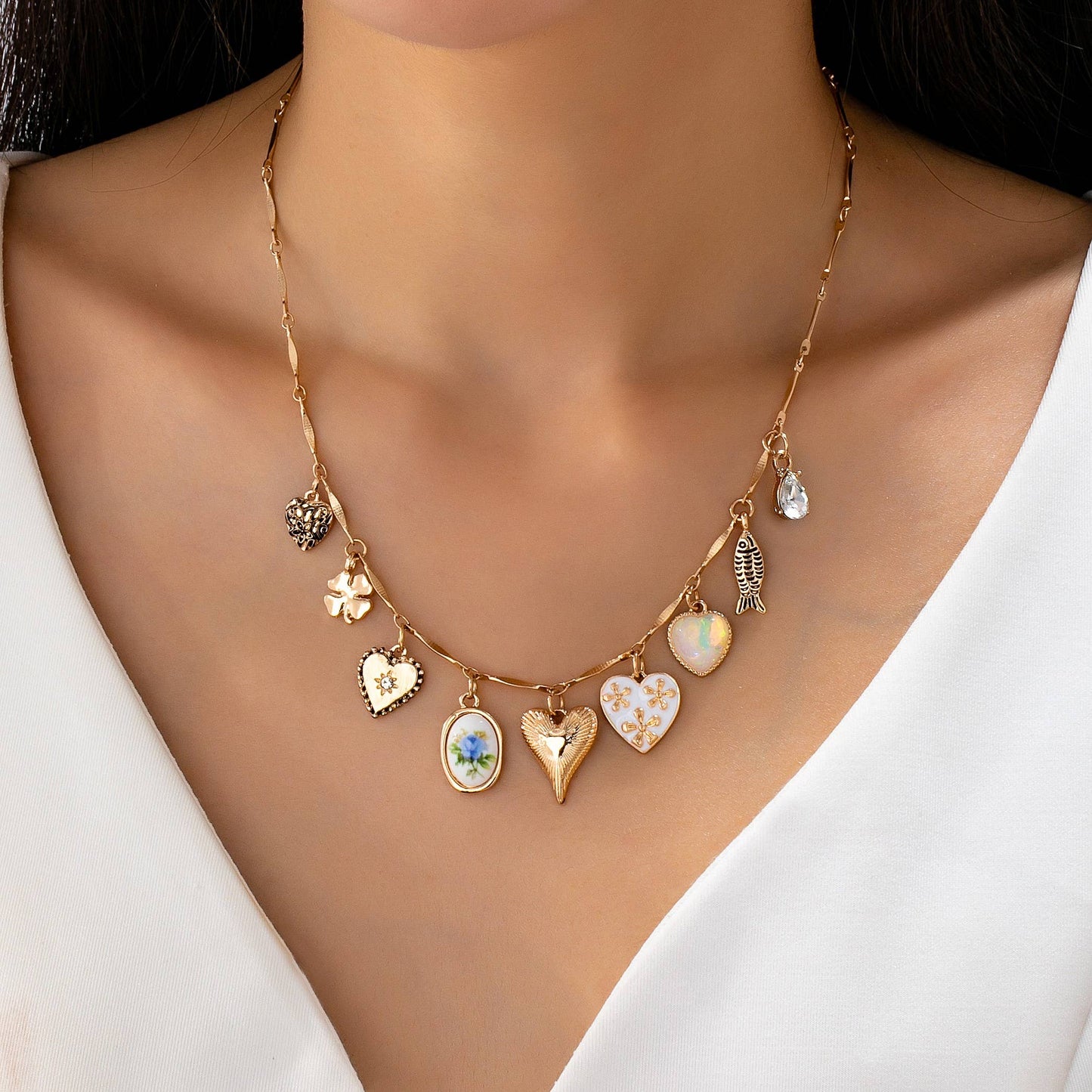 Charm Necklace - Hearts Porcelain Fish Rhinestone