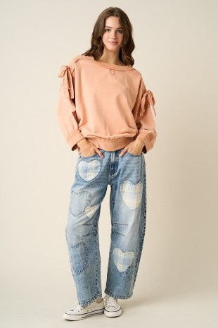 Plaid Heart Patch Barrel Leg Jeans - Denim/Blue