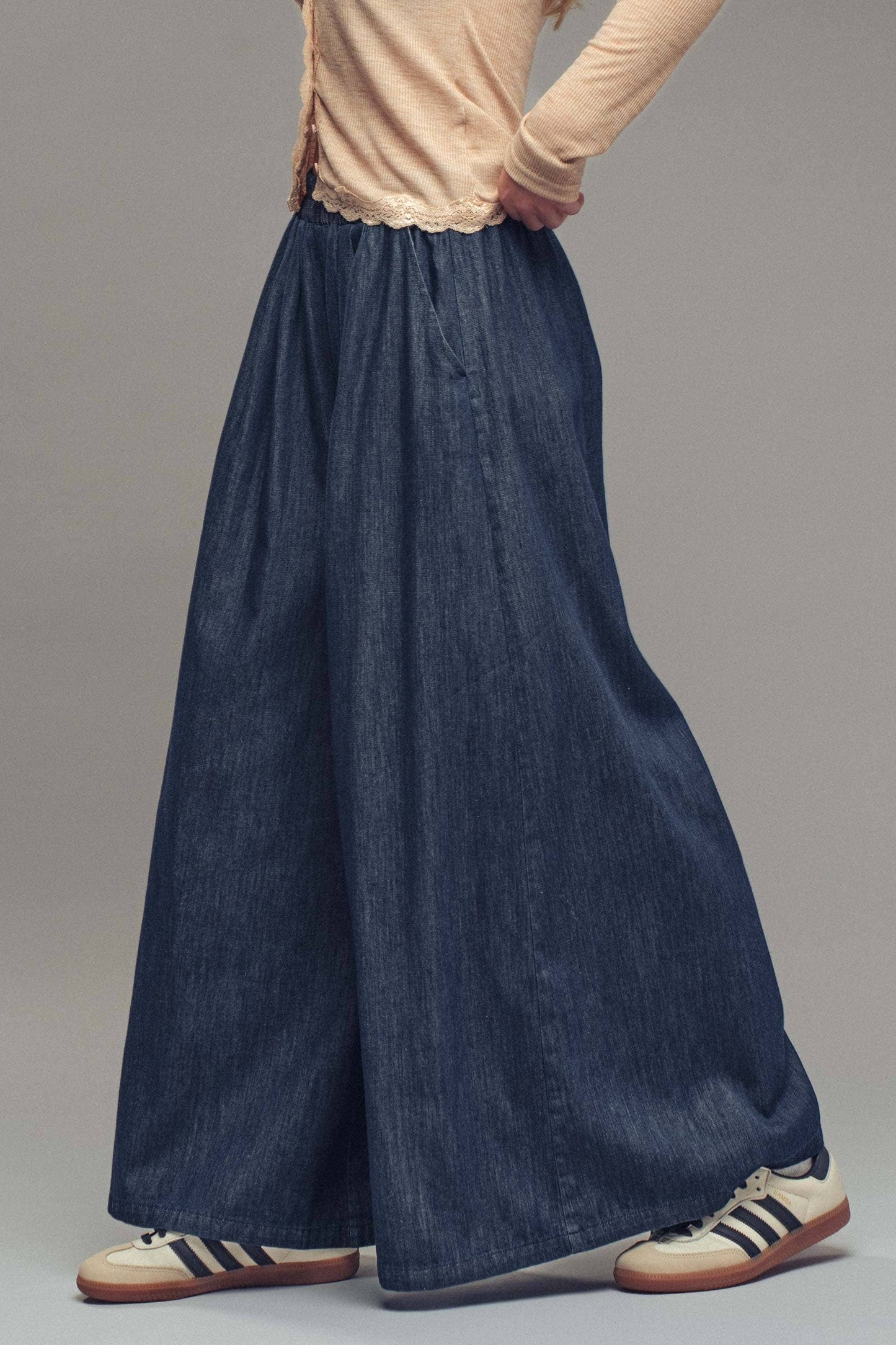 Ultra-Wide Leg Elastic Waist Denim Pants