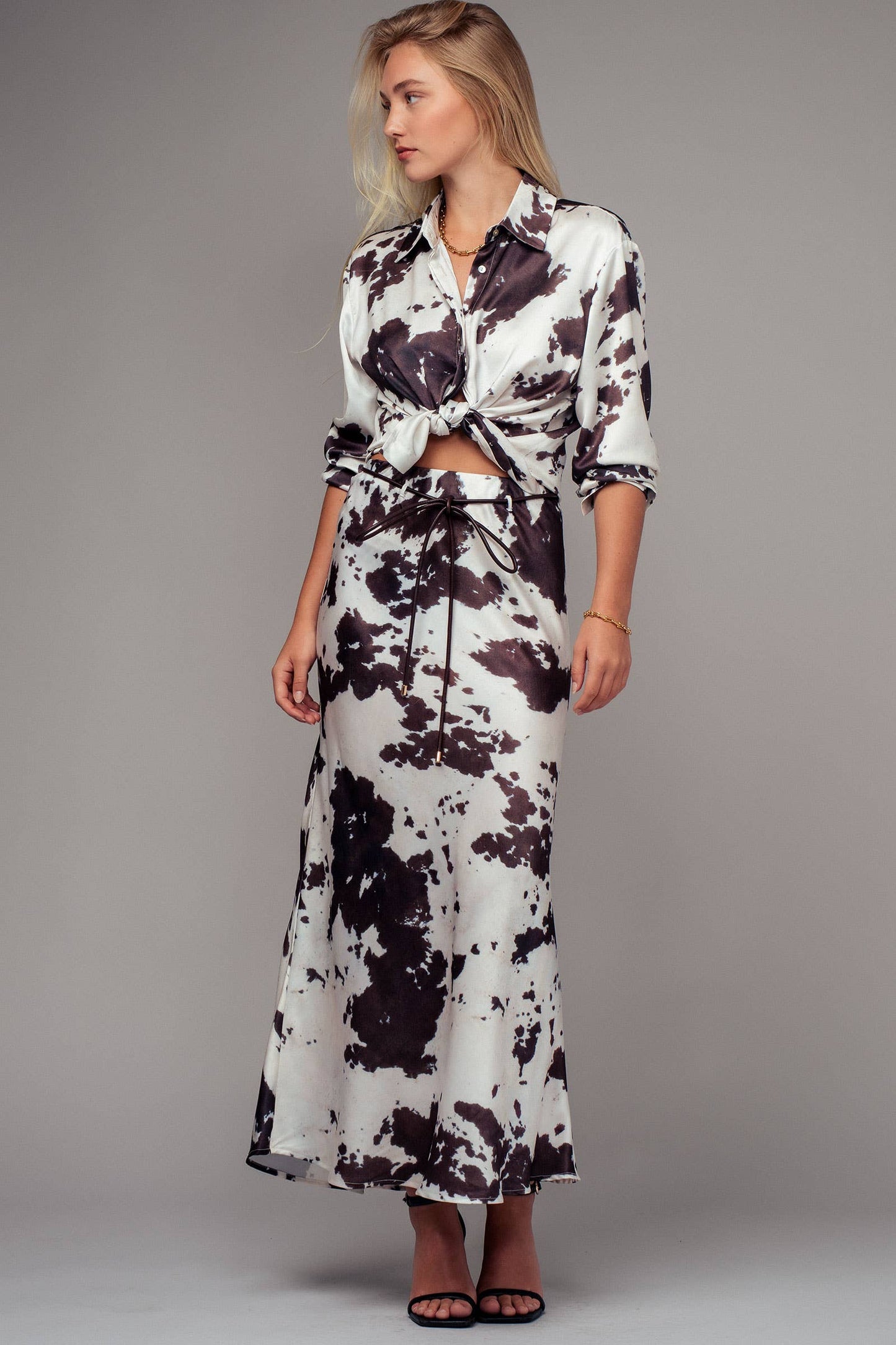 Cowhide Print Satin Drawstring Midi Skirt