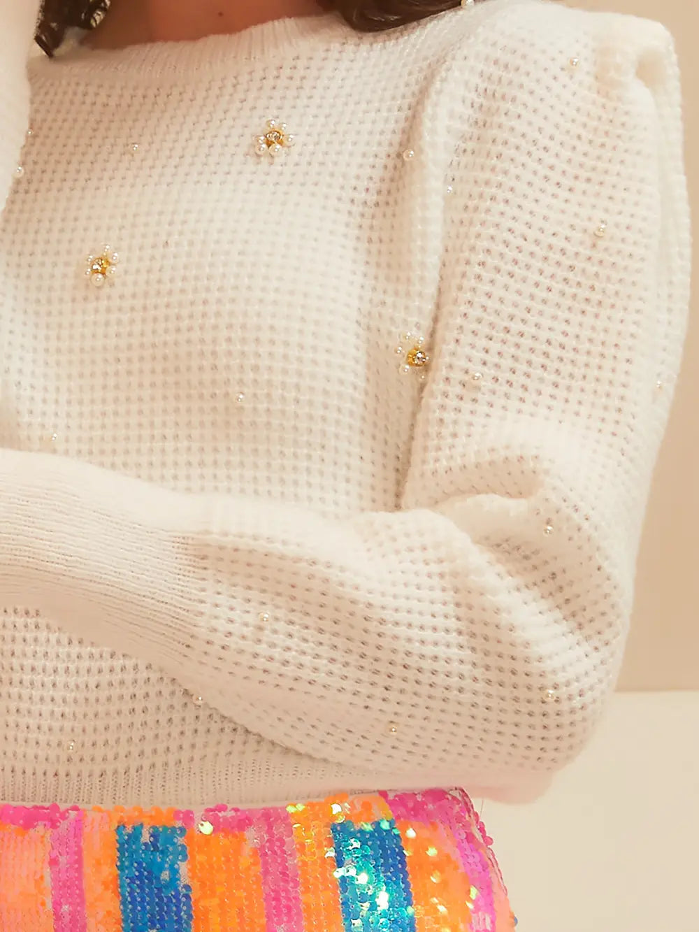 Pearl Flower Trim Waffle Sweater