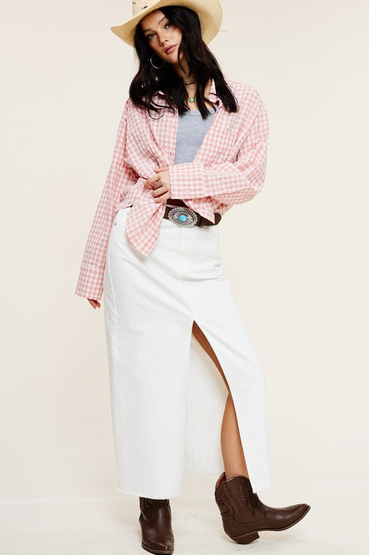 Gingham Print Oversized Button Down Shirt - Pink