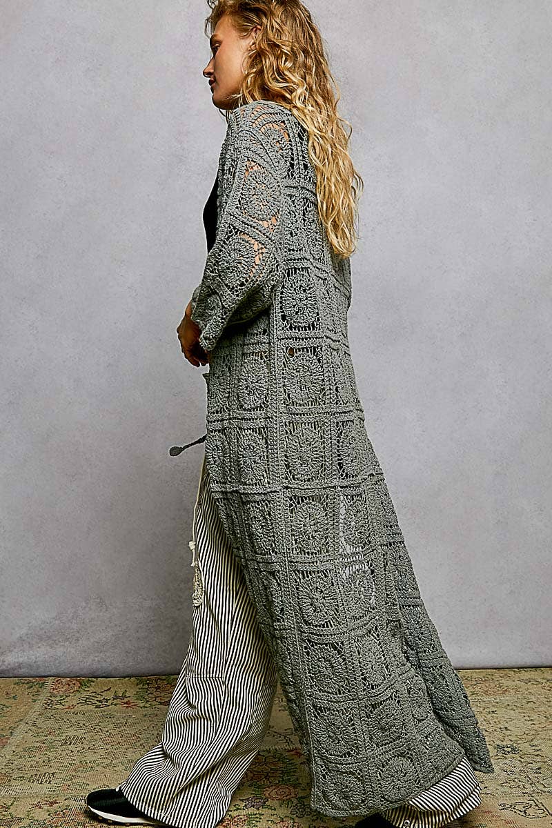 Long Sleeve Crochet Open Long Cardigan