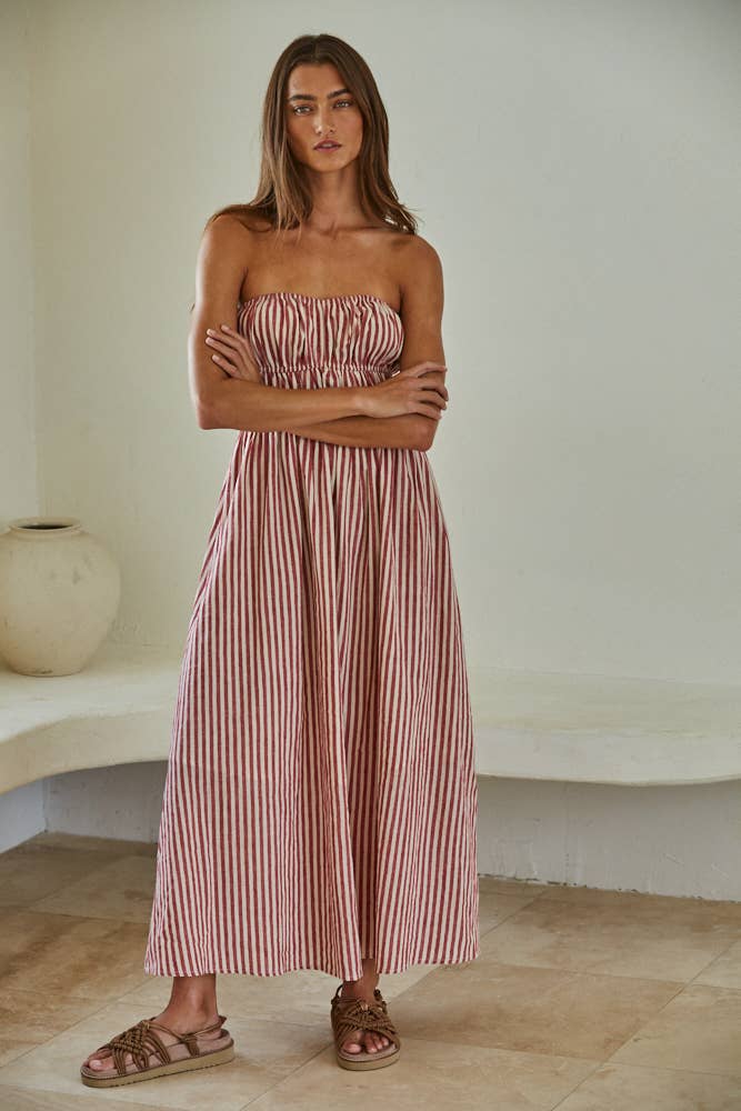 Woven Cotton Linen Striped Tube Neck Strapless Flare
