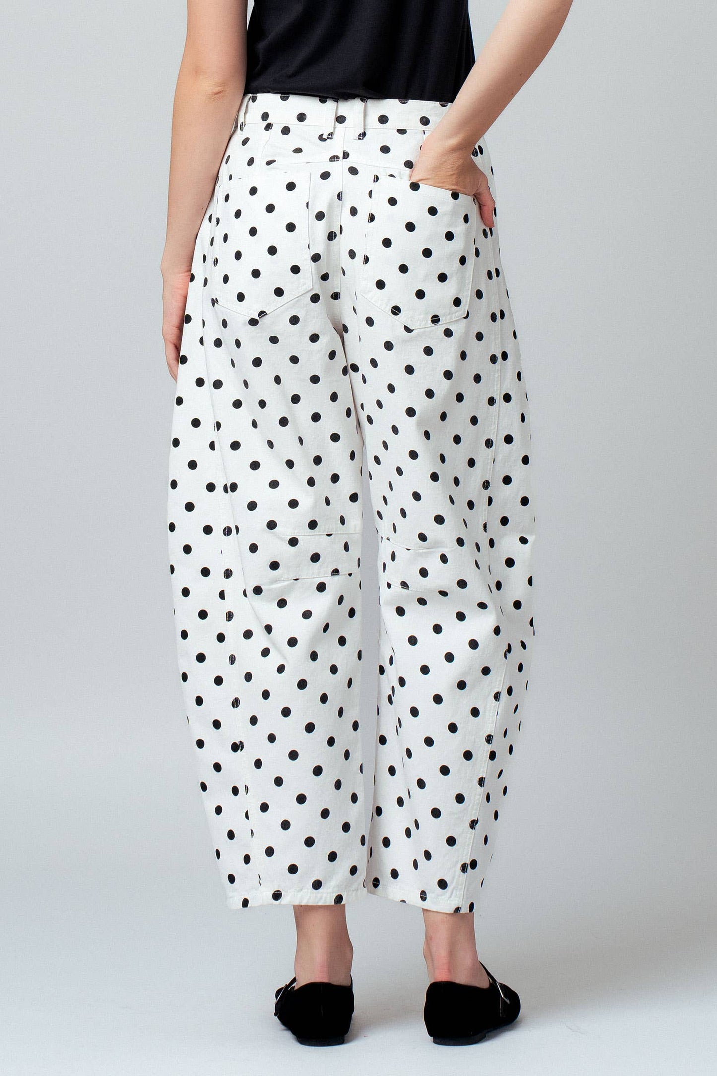 Polka Dot Print Cotton Barrel Leg Jeans