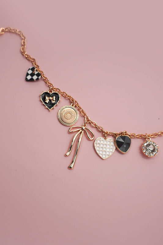 Charm Necklace Bow Checker Heart Rhinestone