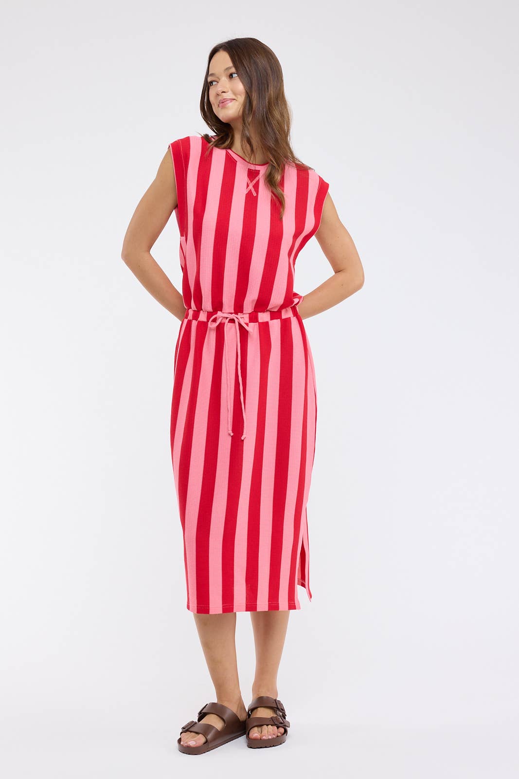 Striped Knit Midi Dress with Drawstring