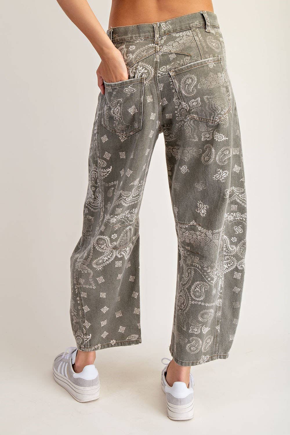Mineral Washed Paisley Printed Barrel Jeans - Vintage Army